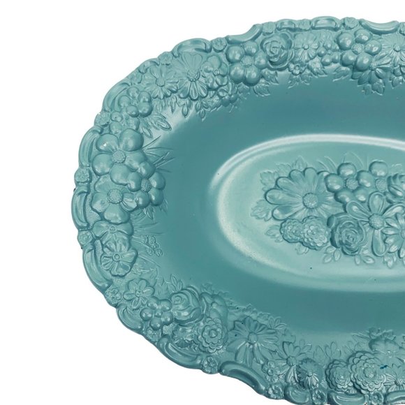 Vtg Trinket Dish Jewelry Tray Soap Blue Painted Metal High Relief Floral Ornate - Picture 3 of 10